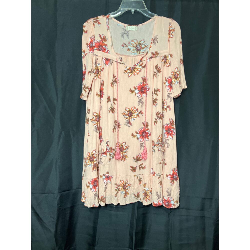 Altar'd State Boho Pink Floral Hem Peasant Tassel Tie Shift Dress Size L Women's